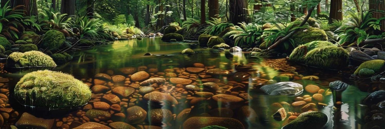 Clear shallow stream flowing through Pacific Northwest forest, showing transparent water and visible riverbed