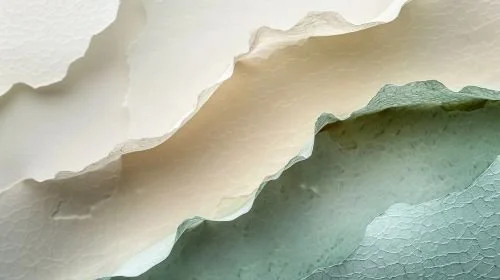 Three abstract handmade paper pieces in white and blue tones with soft, irregular edges