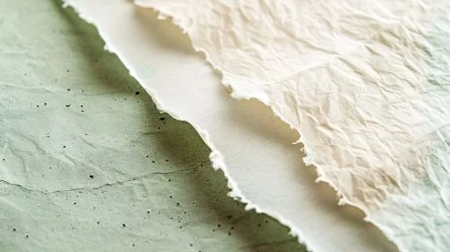 Three abstract handmade paper pieces in white and blue tones with soft, irregular edges