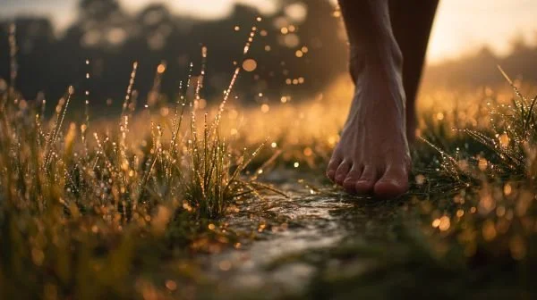 Bare feet connecting with dewy grass, illustrating embodied presence versus disconnection from physical experience