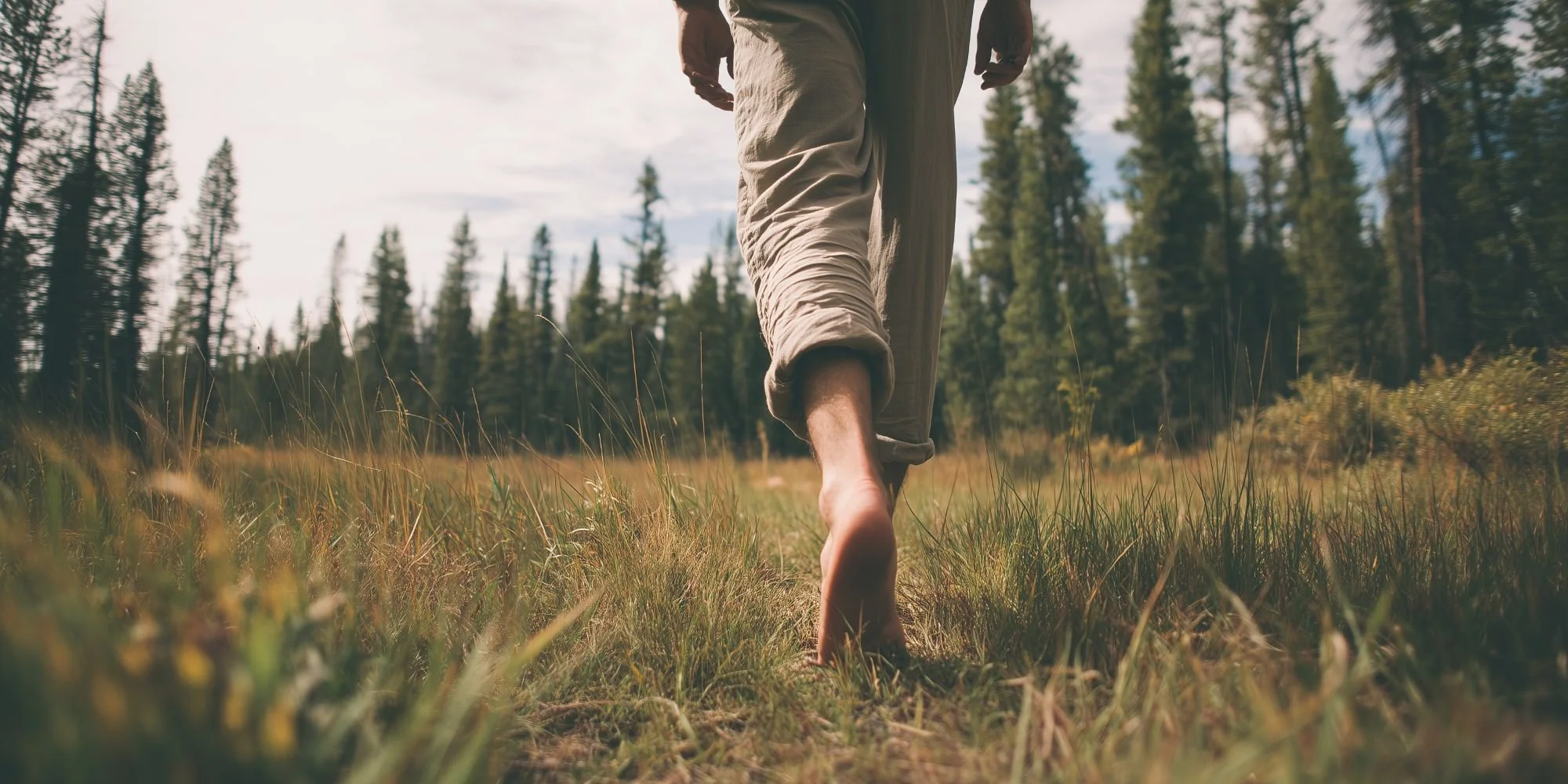 A person walking barefoot through tall meadow grass toward a line of evergreens, seen from behind at ground level.