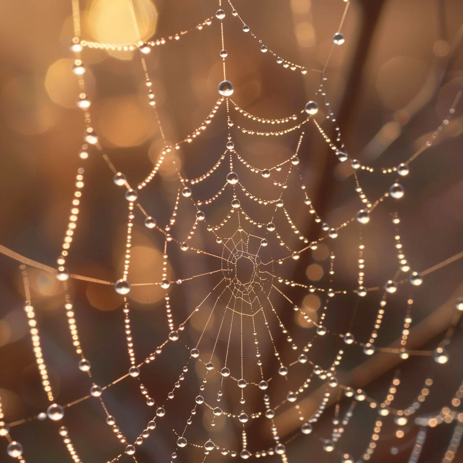 Morning dew drops on spider web against amber background, illustrating complex relational patterns