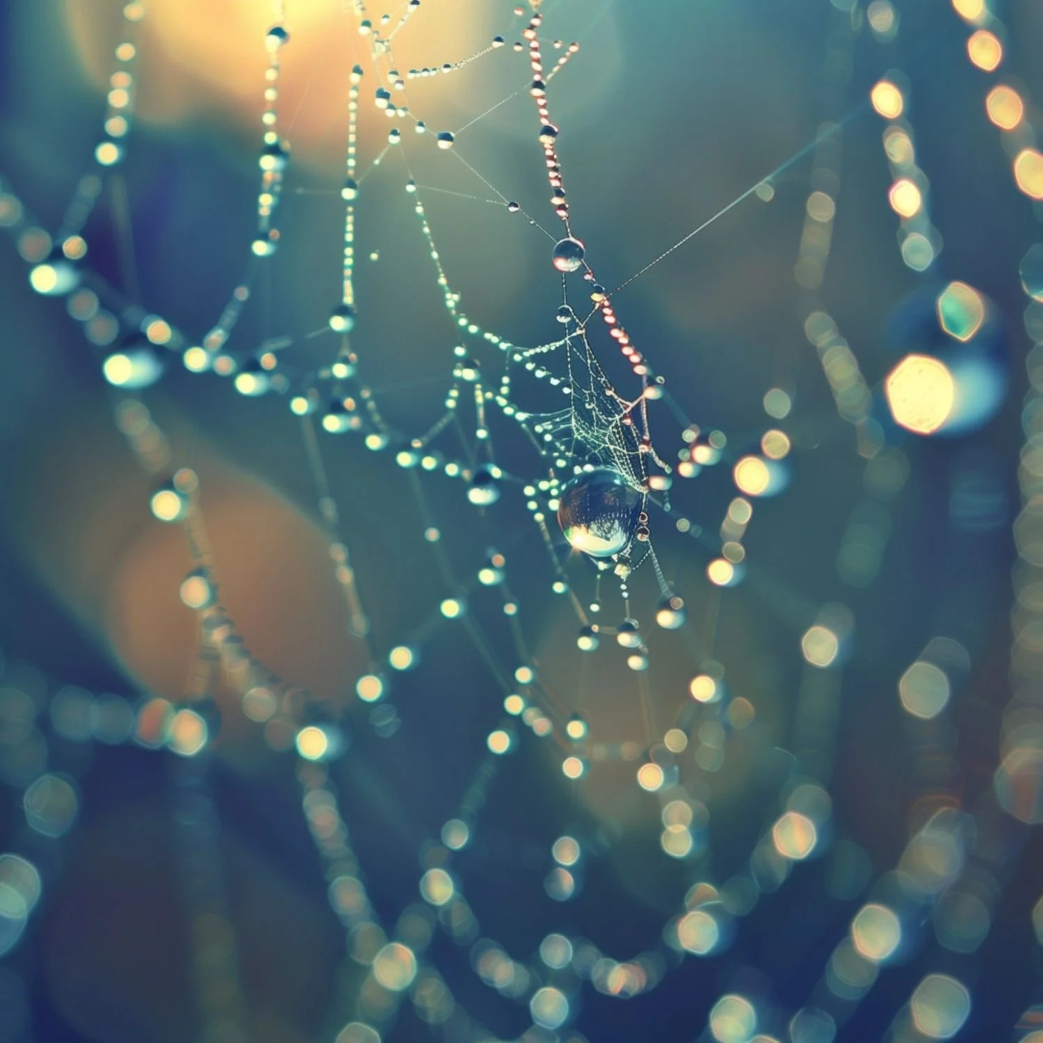 Spider web with morning dew against blue and gold background, representing intricate defensive patterns