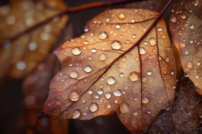 Decomposing brown autumn leaves with water droplets, symbolizing the natural process of letting go explored in somatic therapy