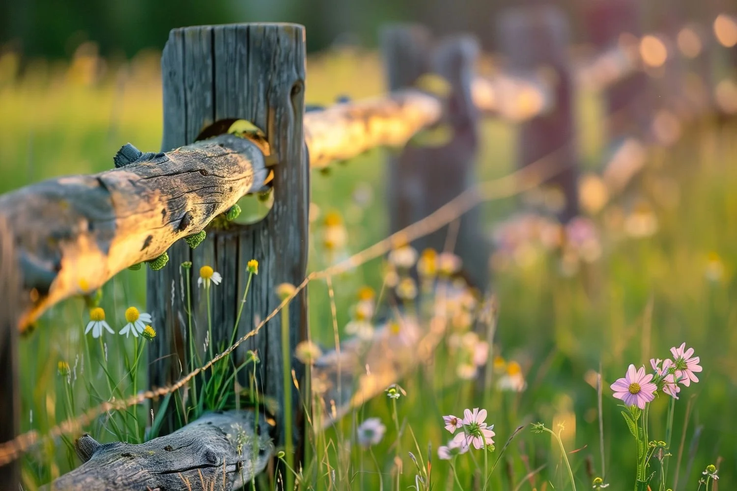 Weathered wooden split-rail fence with wildflowers growing alongside, symbolizing healthy boundaries that allow connection