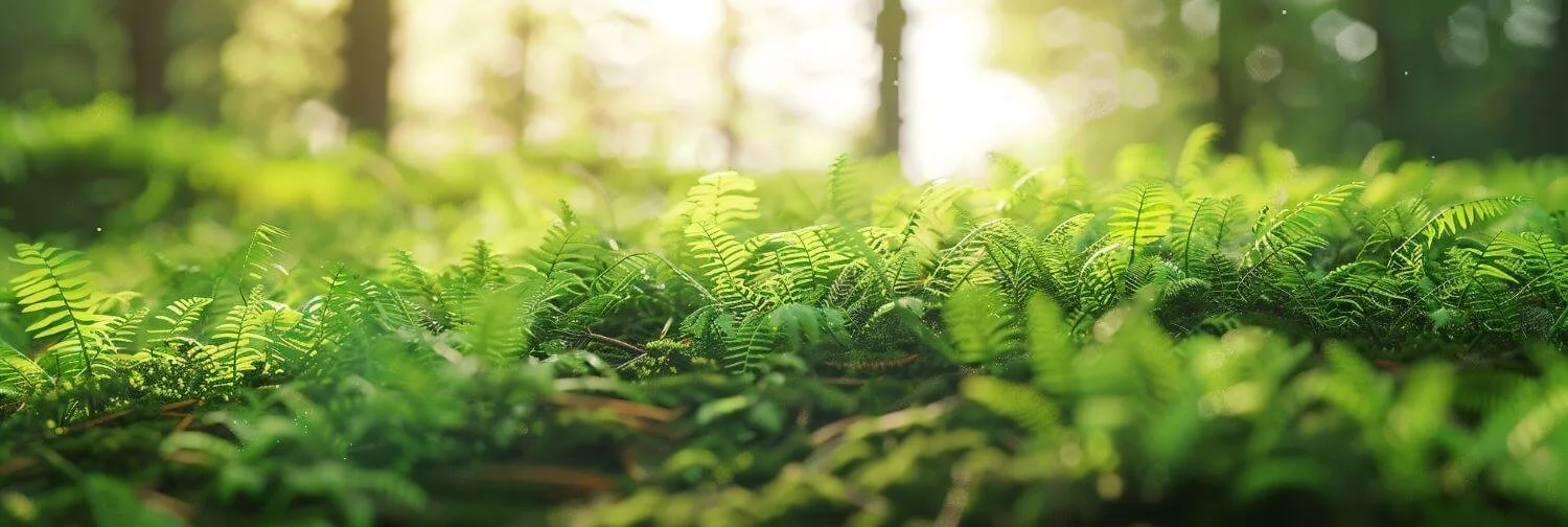 Vibrant green ferns covering the forest floor beneath cedar trees