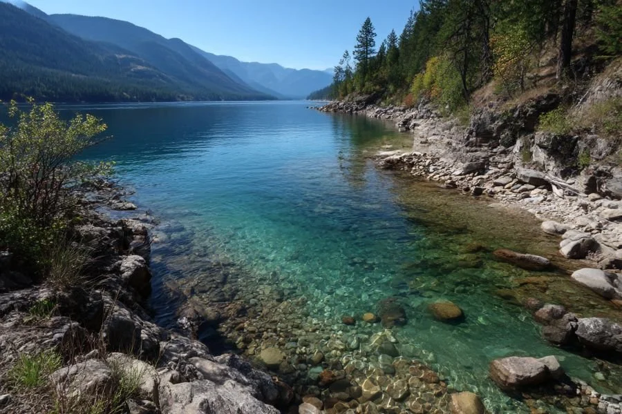 A clear, stony lake shore with forested mountains along the far side.