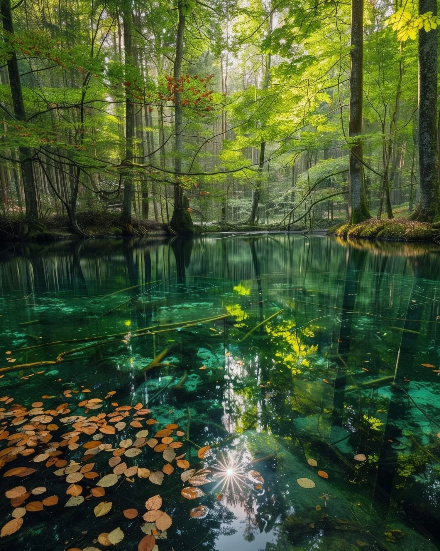 Crystal clear forest pool reflecting trees above, with autumn leaves floating on the surface