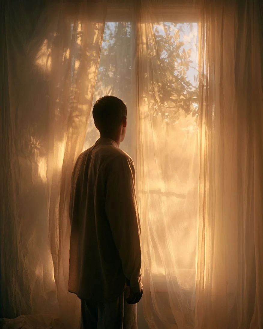A person standing at a window, seen from behind, with afternoon light coming through sheer curtains.