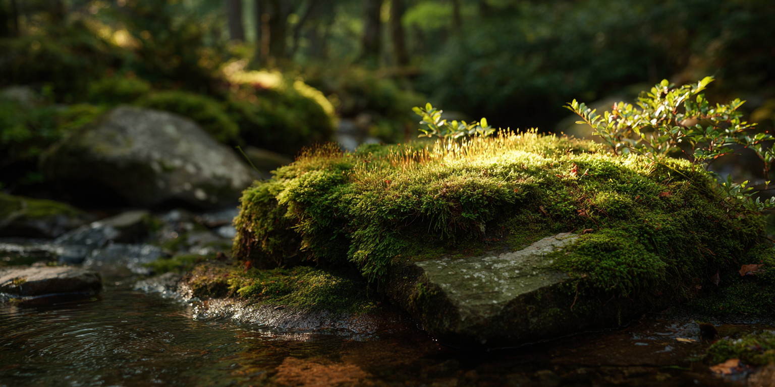 Sunlight falling on a moss-covered rock beside a forest stream.