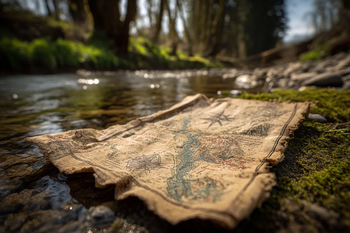 A hand-drawn map lying on mossy stones at the edge of a stream.