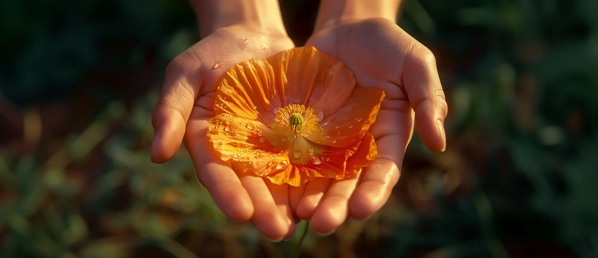 Two cupped hands holding an orange poppy wet with dew, in warm evening light.