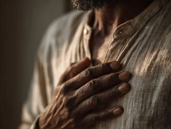 Man's hand placed over heart in gesture of self-awareness, demonstrating the felt sense explored in somatic counselling