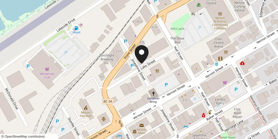 Map of downtown Nelson showing the office at 601 Lake Street, at the corner of Josephine Street, a couple of blocks from the waterfront