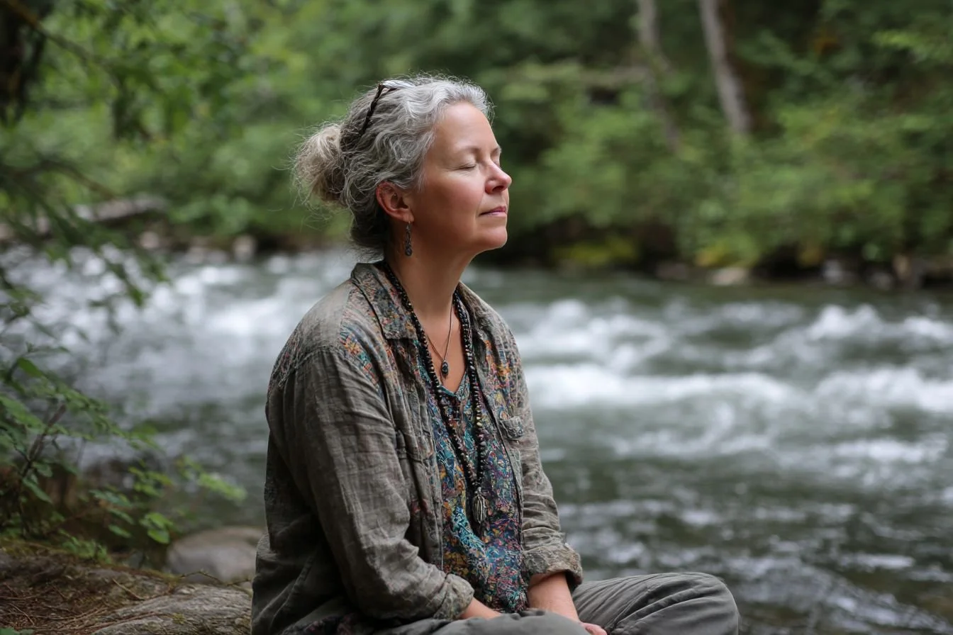 A woman with grey hair sitting beside a rushing river with her eyes closed.