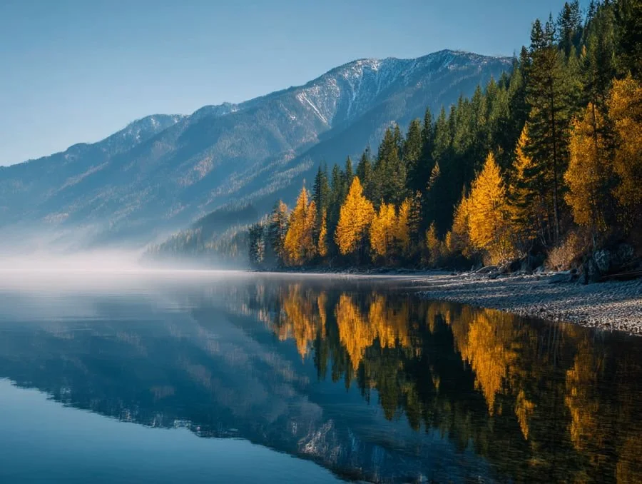 Golden larches reflected in a still mountain lake, with mist on the water and snow on the peaks.
