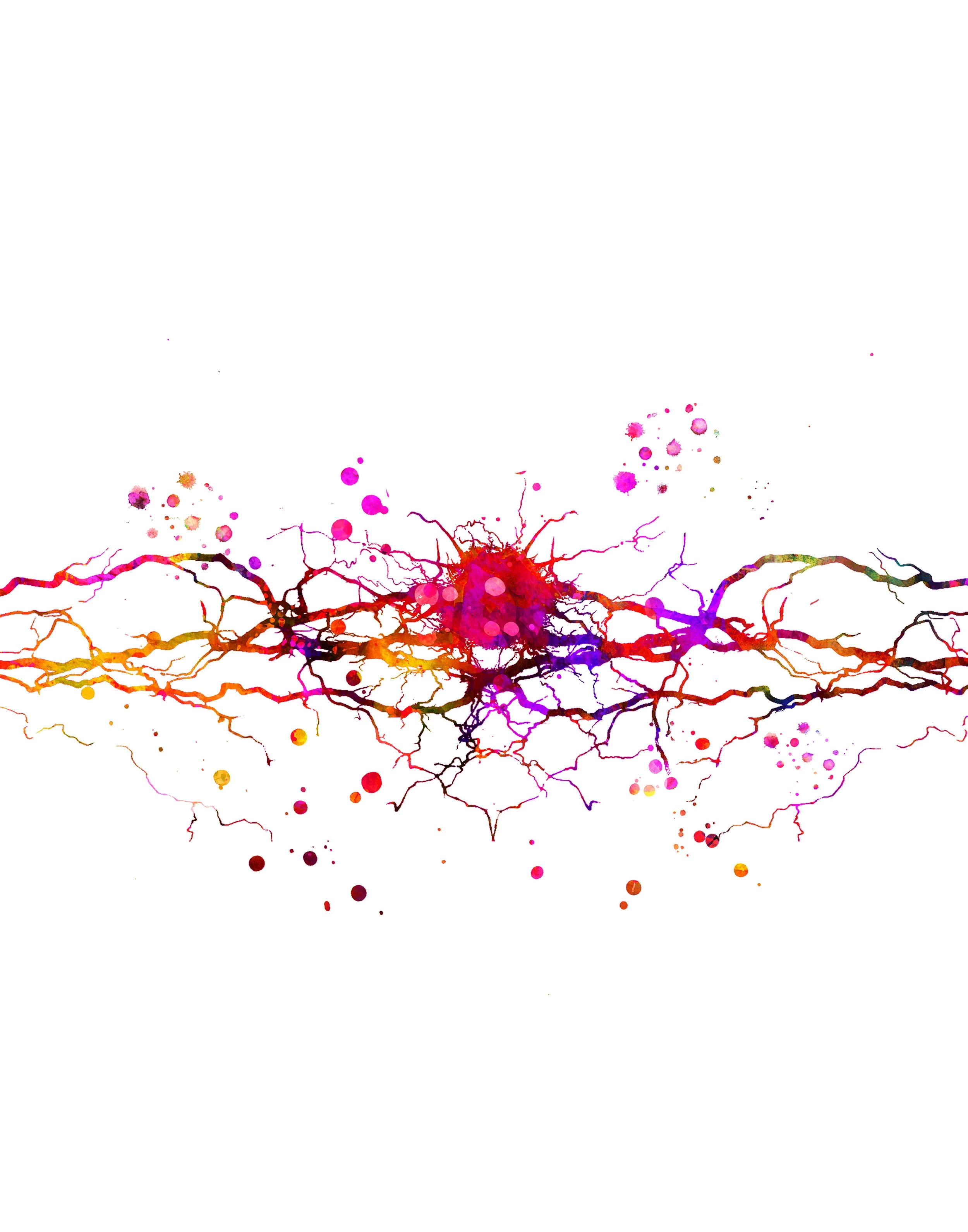 Watercolour illustration of a nerve cell with branching fibres spreading out to either side.