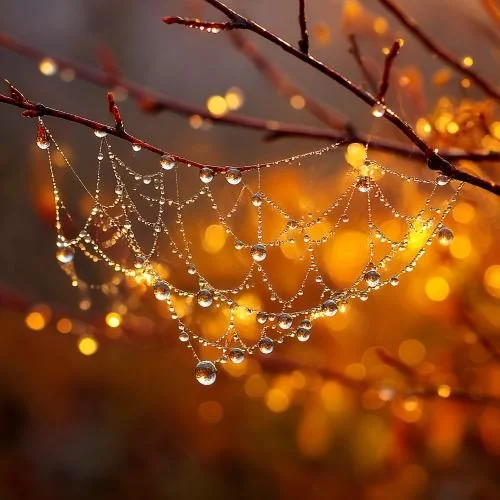 Morning dew on spider web with orange autumn foliage, representing the delicate balance sought in emotional regulation therapy