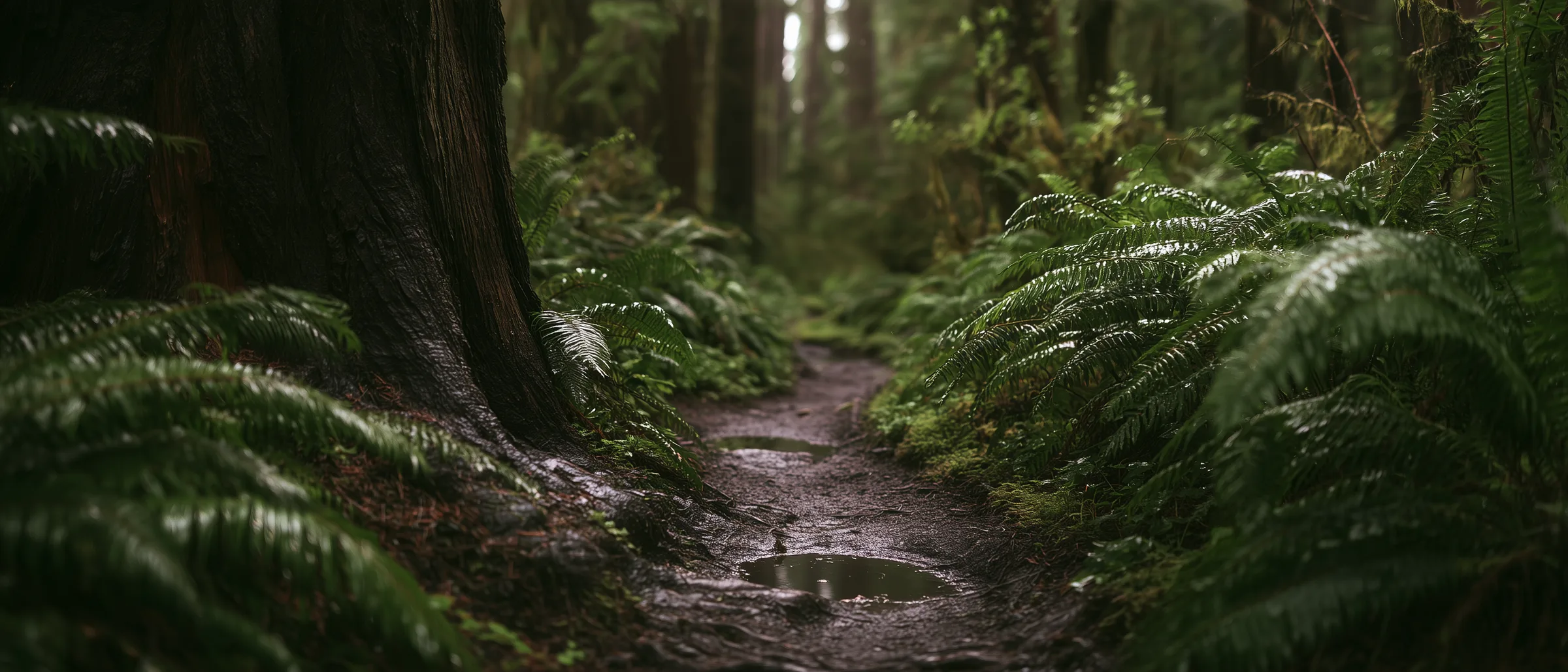 A narrow dirt trail through a rainforest after rain, wet ferns on both sides and puddles on the path.