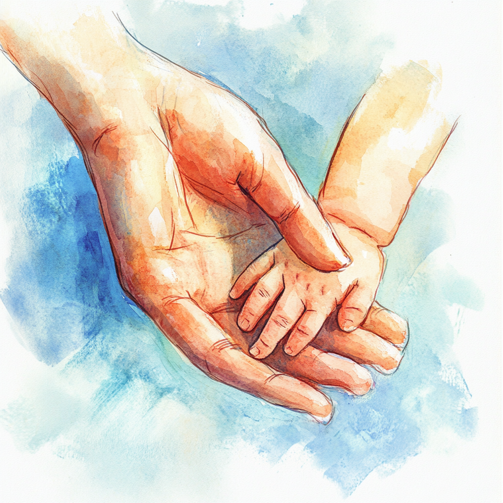 Watercolour illustration of a baby's hand resting in an adult's open hand.
