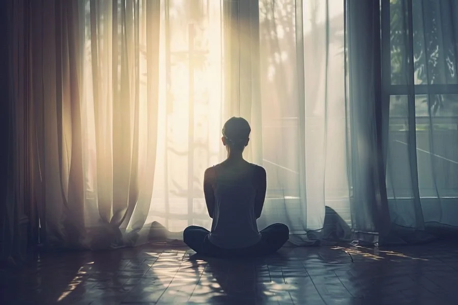 Silhouette of person in quiet meditation, representing the mindful awareness central to somatic therapy