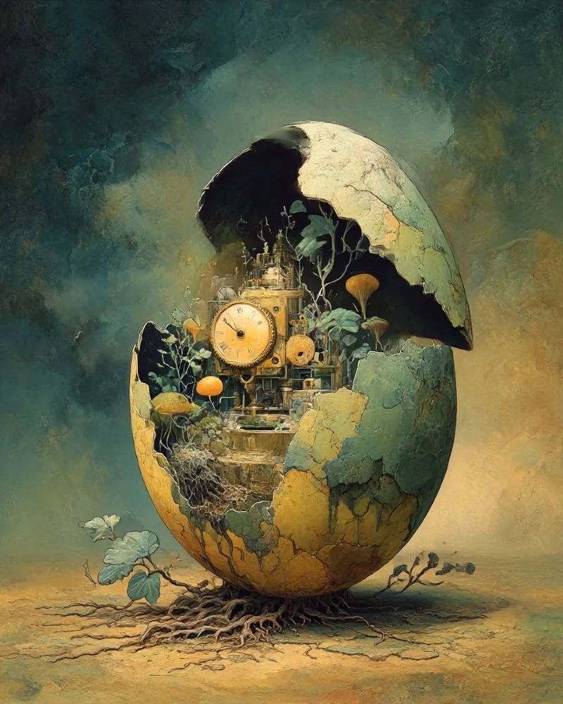 Surreal painting of a cracked egg with clockwork and plants growing inside it.