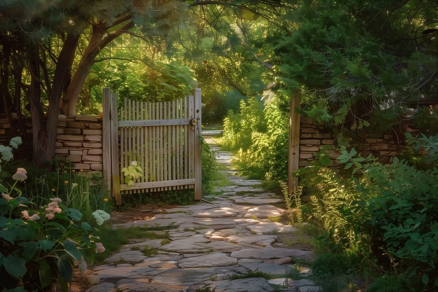 Weathered wooden garden gate standing half open, suggesting possibility of connection and choice