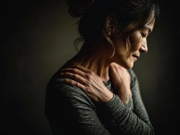 Woman providing nurturing self-touch, illustrating the supportive awareness cultivated in Somatic Experiencing sessions